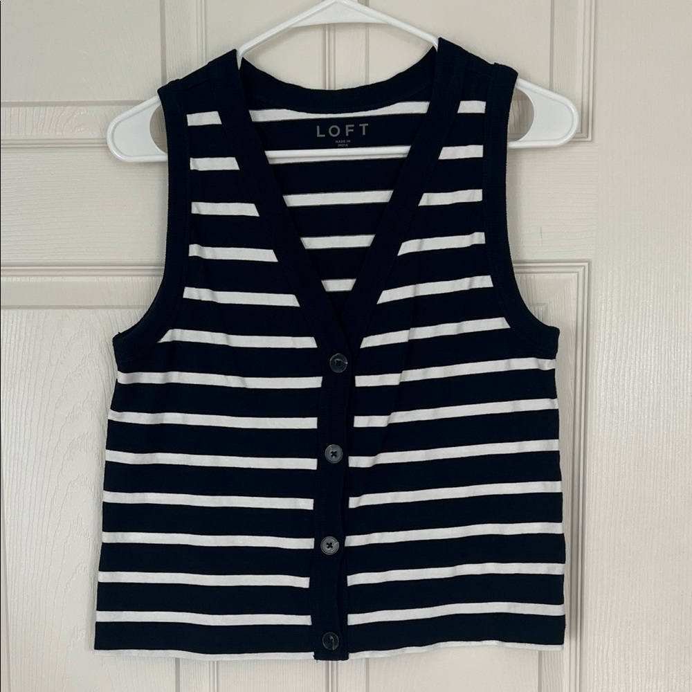 LOFT Navy and White Striped Buttoned Vest